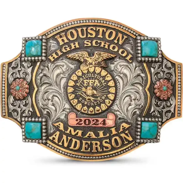 A custom graduation belt buckle for Houston High School  with personalized name featuring turquoise stones and the FFA logo